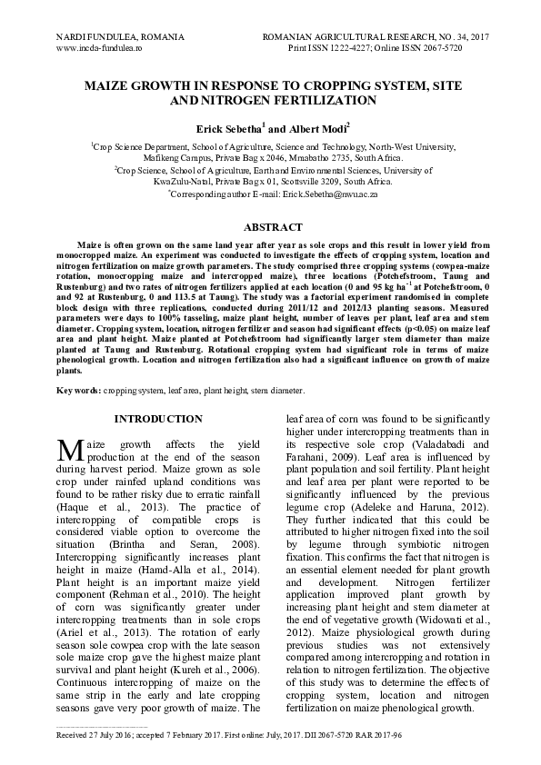 (PDF) Maize growth in response to cropping system, site and nitrogen ...