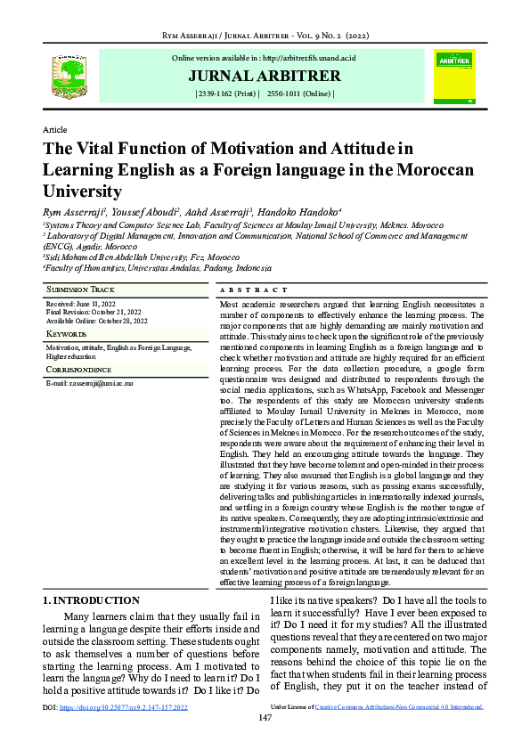 (PDF) The Vital Function of Motivation and Attitude in Learning English ...