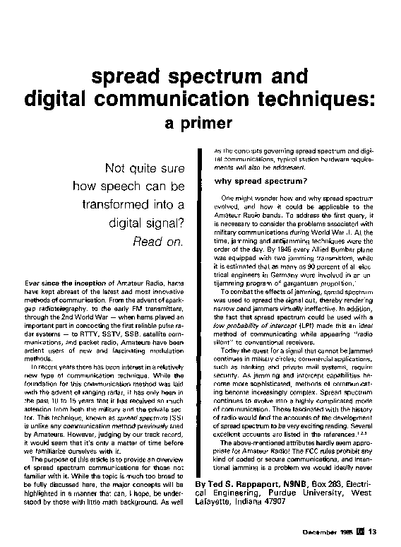 (PDF) Spread spectrum and digital communication techniques: A primer