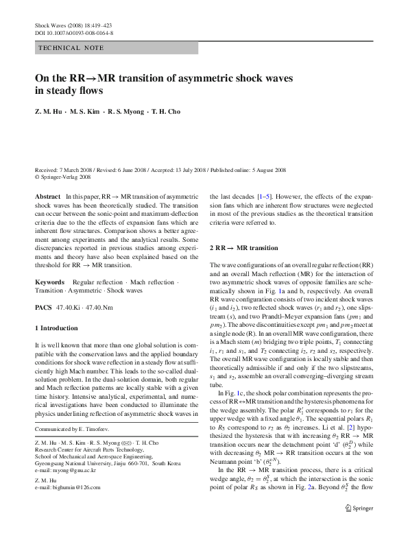 (PDF) On the RR→MR transition of asymmetric shock waves in steady flows