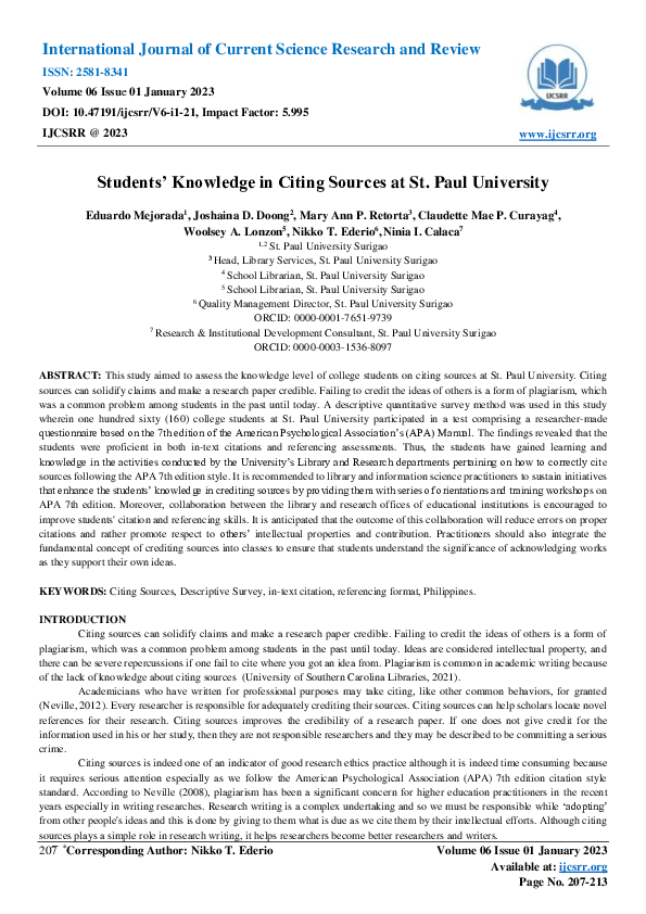 (PDF) Students’ Knowledge in Citing Sources at St. Paul University
