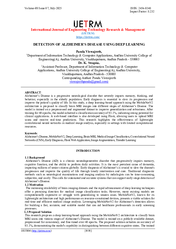 (PDF) DETECTION OF ALZHEIMER’S DISEASE USING DEEP LEARNING