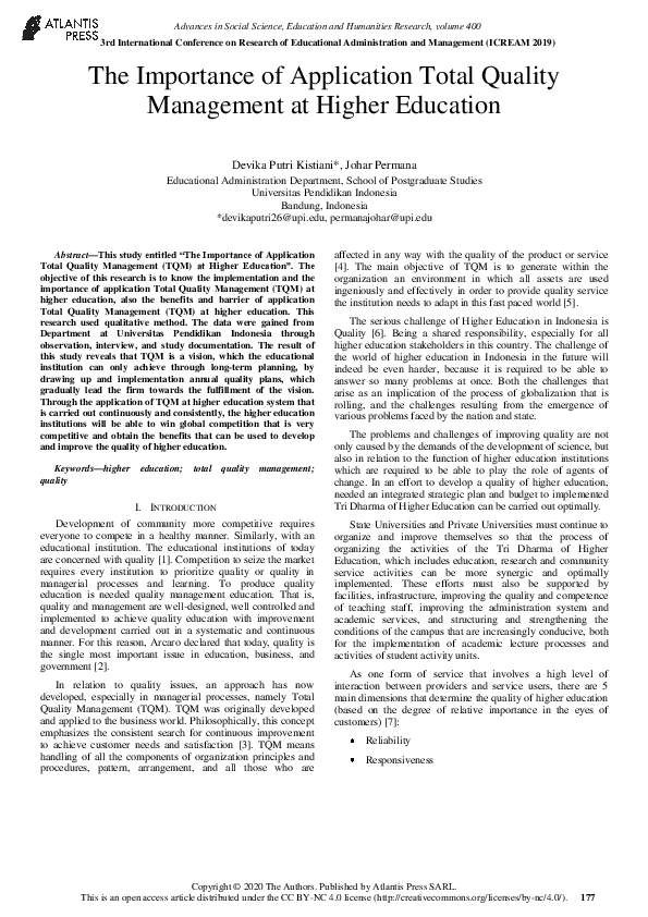 (PDF) The Importance of Application Total Quality Management at Higher ...