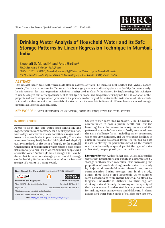 (PDF) Drinking Water Analysis of Household Water and its Safe Storage ...