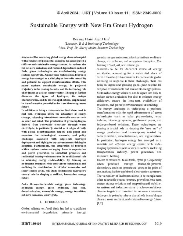 (PDF) Sustainable Energy with New Era Green Hydrogen