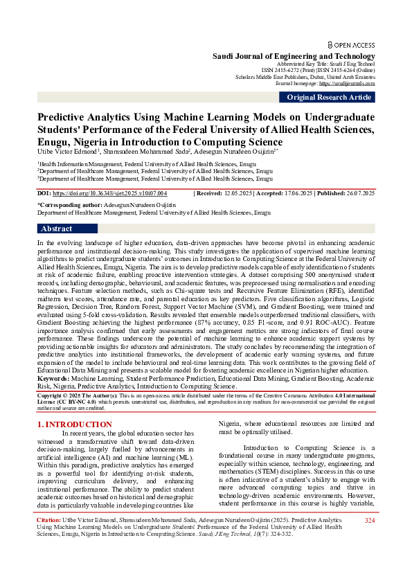 (PDF) Predictive Analytics Using Machine Learning Models on ...