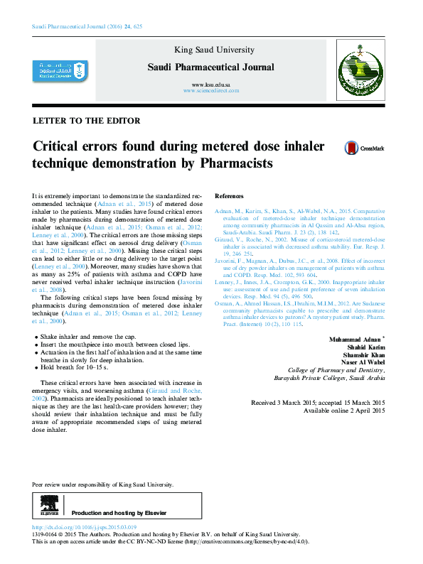 (PDF) Critical errors found during metered dose inhaler technique ...
