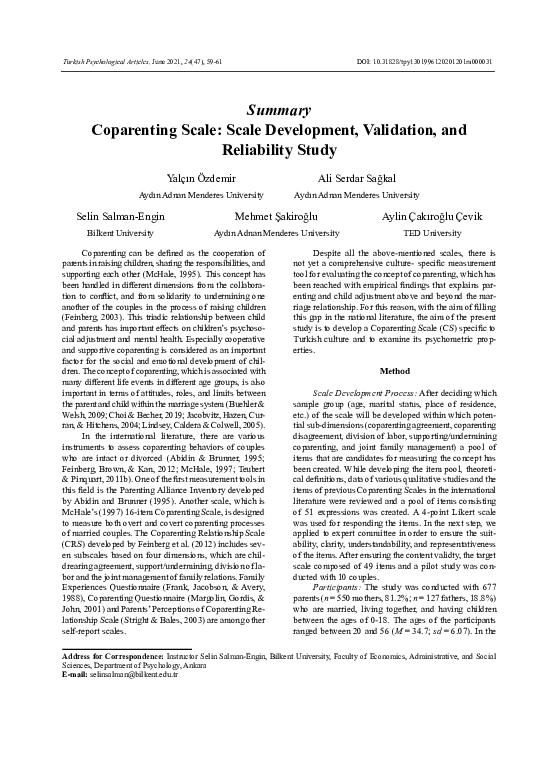 (PDF) Summary Coparenting Scale : Scale Development , Validation , and ...