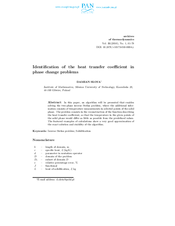 (PDF) Identification of the heat transfer coefficient in phase change ...