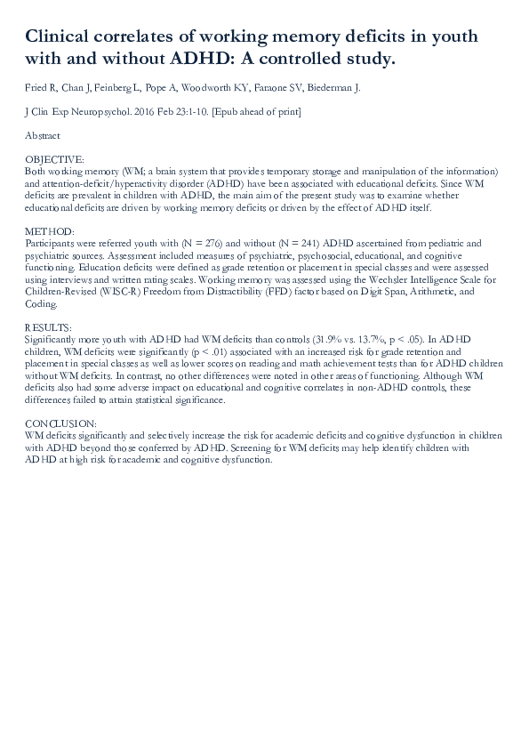 (PDF) Clinical correlates of working memory deficits in youth with and ...