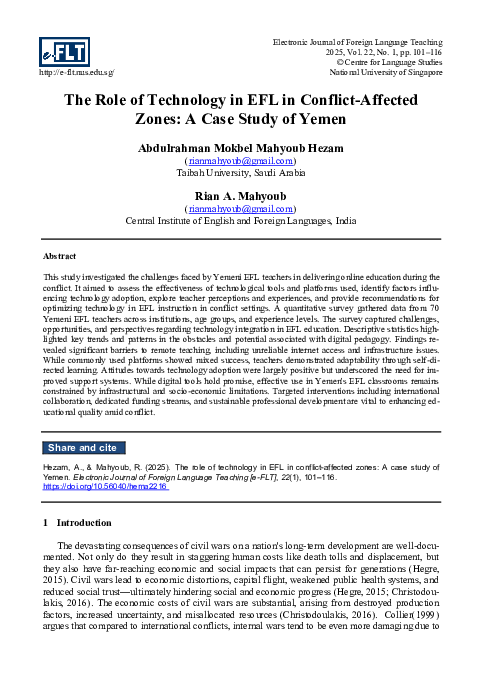 (PDF) The Role of Technology in EFL in Conflict-Affected Zones: A Case ...