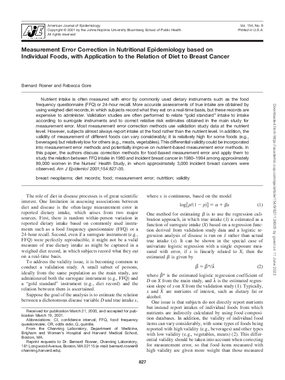 (PDF) Measurement Error Correction in Nutritional Epidemiology based on ...