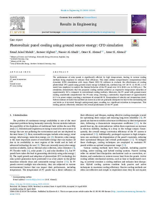 (PDF) Photovoltaic panel cooling using ground source energy: CFD simulation