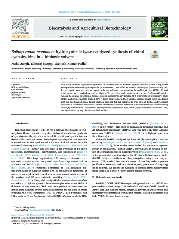 (PDF) Baliospermum montanum hydroxynitrile lyase catalyzed synthesis of ...