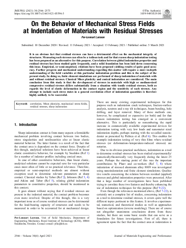 (PDF) On the Behavior of Mechanical Stress Fields at Indentation of ...