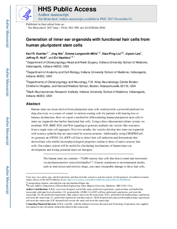(PDF) Generation of inner ear organoids containing functional hair ...