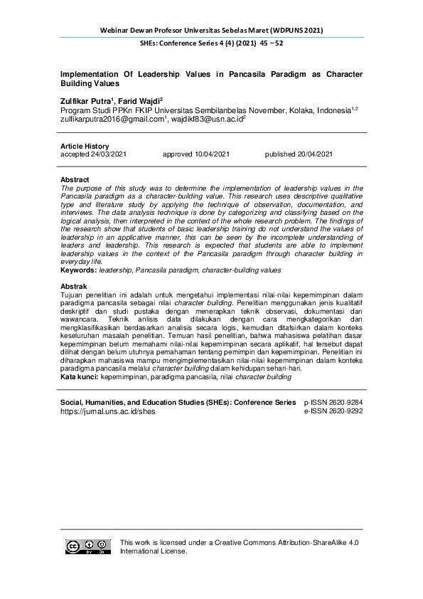 (PDF) Implementation of Leadership Values in Pancasila Paradigm as ...