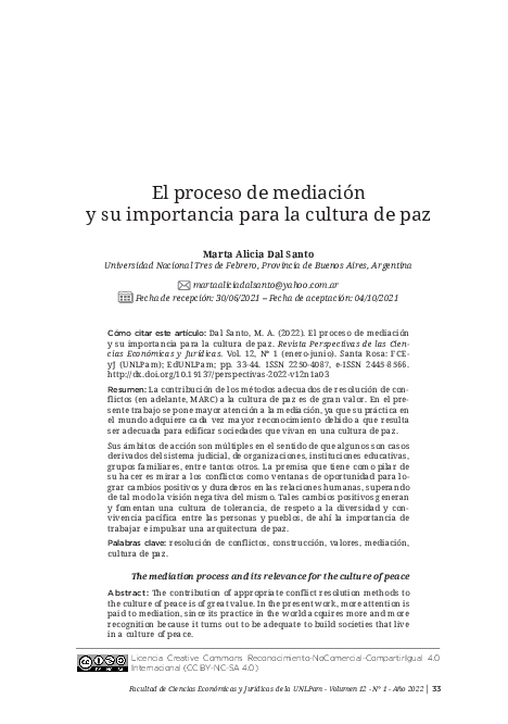 (PDF) El proceso de mediación y su importancia para la Cultura de Paz