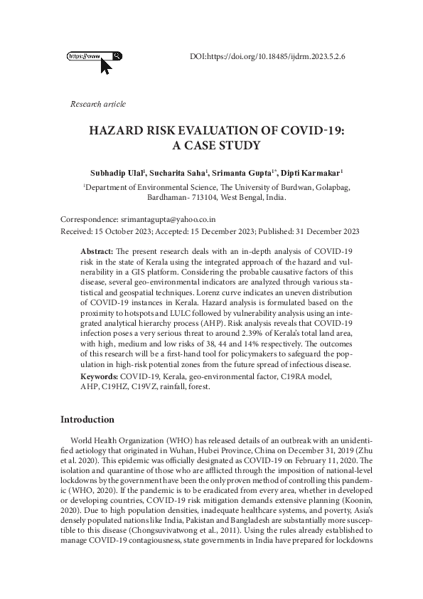 (PDF) Hazard Risk Evaluation of Covid-19: A Case Study