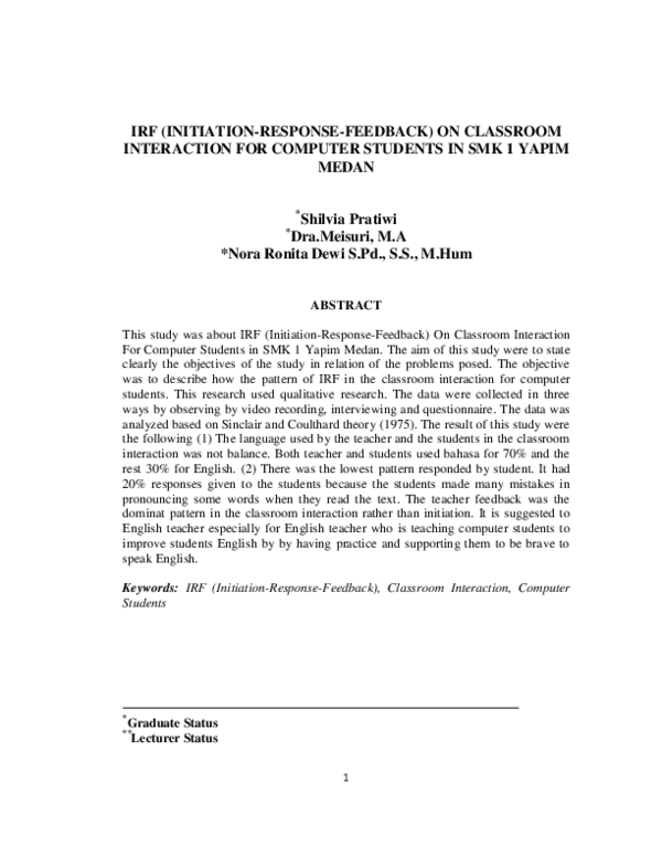 (PDF) Irf (Initiation-Response-Feedback) on Classroom Interaction for ...