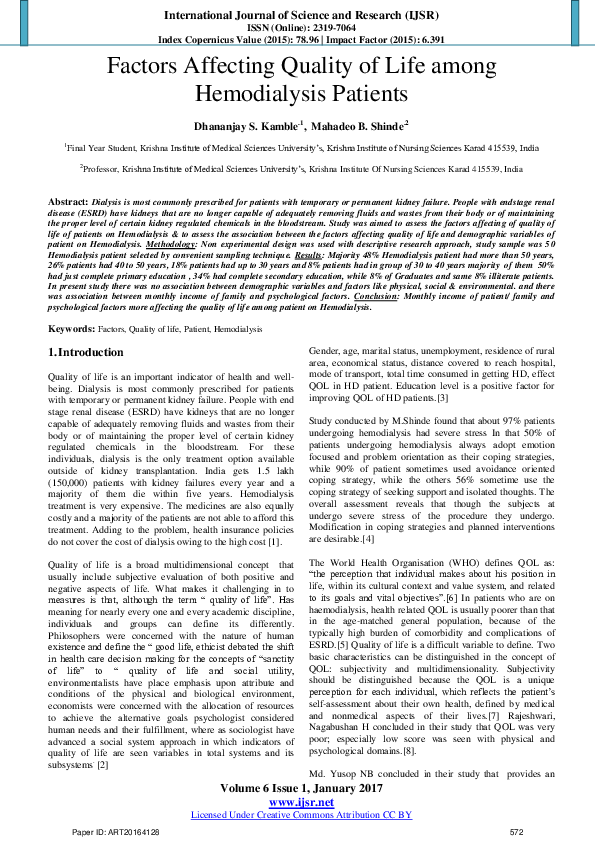 (PDF) Factors Affecting Quality of Life among Hemodialysis Patients