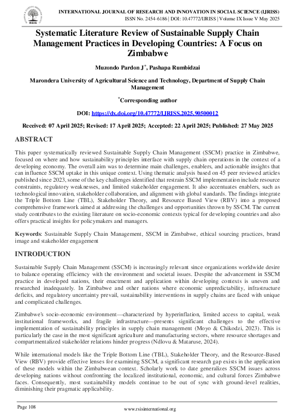 (PDF) Systematic Literature Review of Sustainable Supply Chain ...
