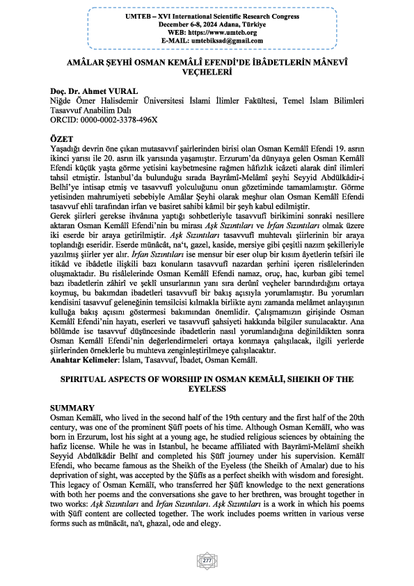 (PDF) Amâlar Şeyhi Osman Kemâlî Efendi'de İbâdetlerin Mânevî Veçheleri