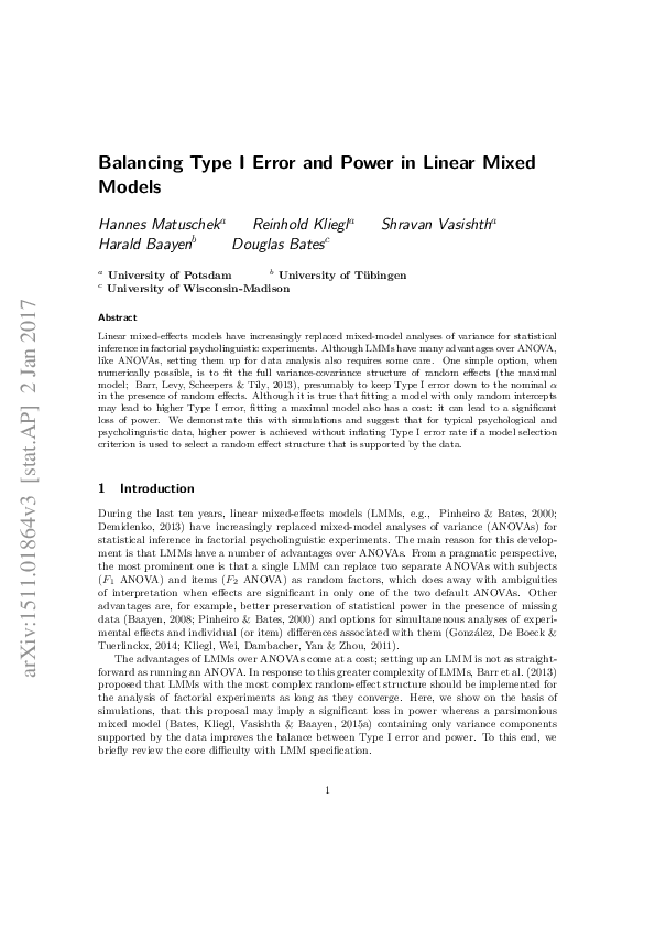 (PDF) Balancing Type I error and power in linear mixed models