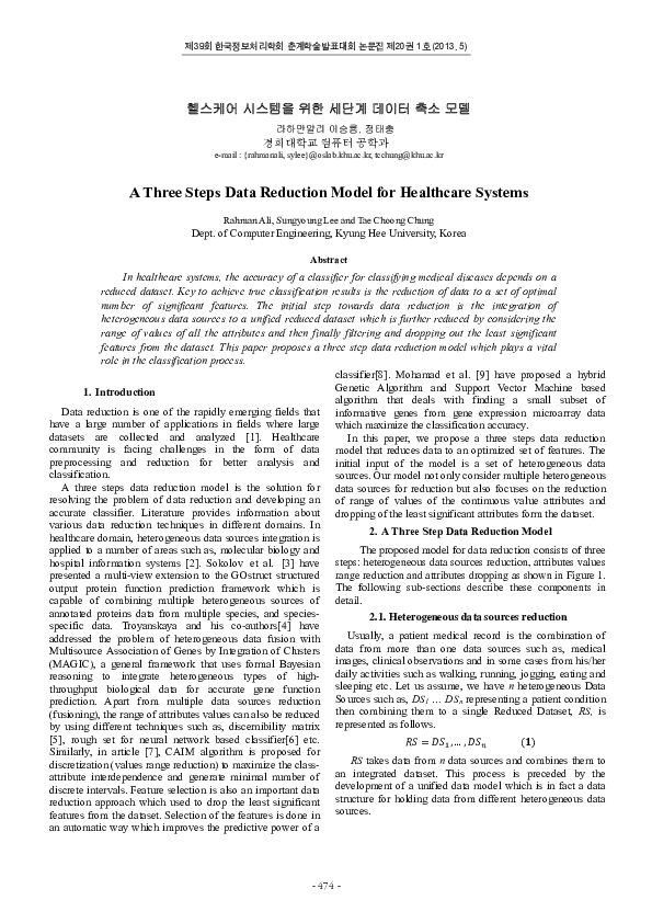 (PDF) A Three Steps Data Reduction Model for Healthcare Systems