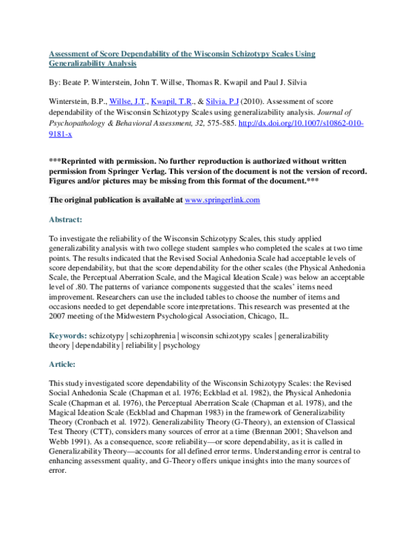 (PDF) Assessment of Score Dependability of the Wisconsin Schizotypy ...