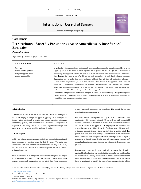 (PDF) Retroperitoneal Appendix presenting as Acute Appendicitis: A rare ...