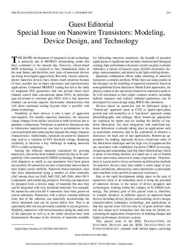 (PDF) Guest Editorial Special Issue on Nanowire Transistors: Modeling ...