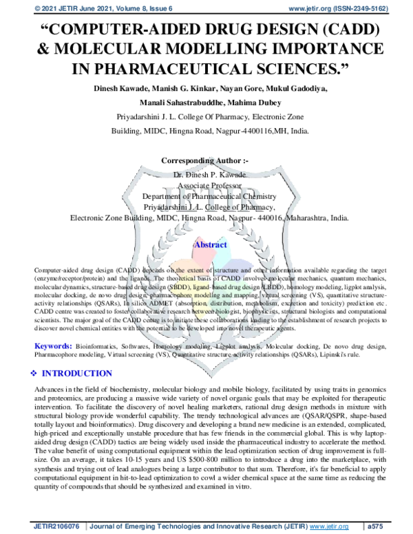 Pdf Computer Aided Drug Design Cadd Molecular Modelling