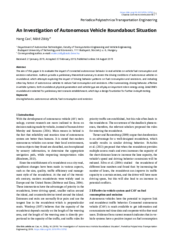 Pdf An Investigation Of Autonomous Vehicle Roundabout Situation