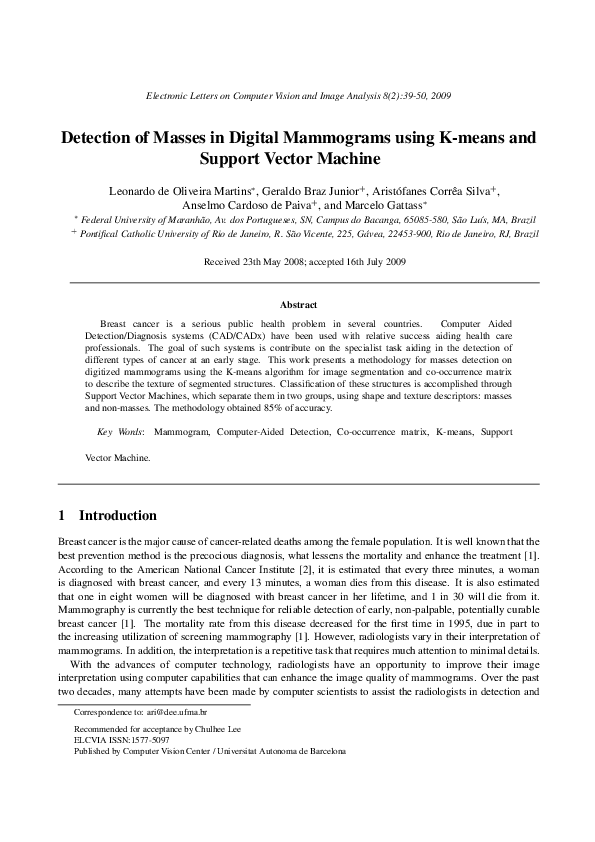 (PDF) Detection of Masses in Digital Mammograms using K-Means and ...