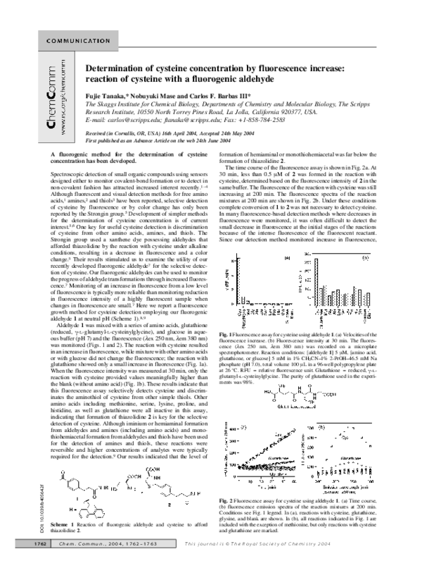 PDF) Determination of cysteine concentration by fluorescence increase:  reaction of cysteine with a fluorogenic aldehyde