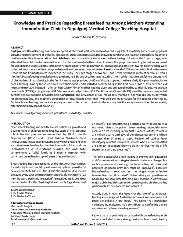 (PDF) Knowledge and Practice Regarding Breastfeeding among Mothers ...