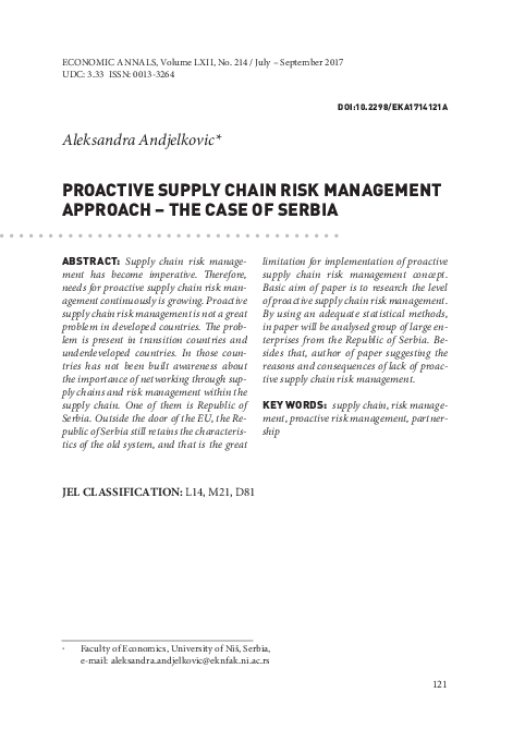 (PDF) Proactive supply chain risk management approach: The case of Serbia