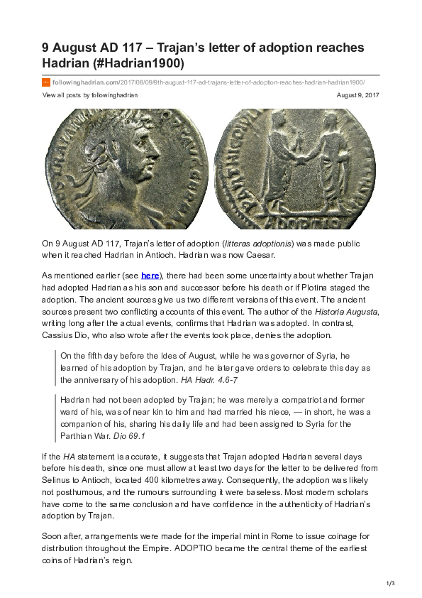 (PDF) 9 August AD 117 – Trajan’s letter of adoption reaches Hadrian (# ...