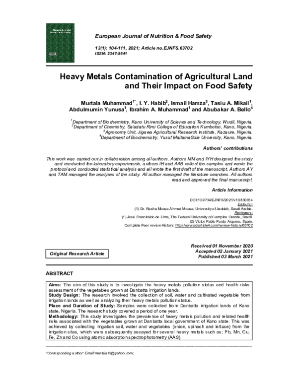 (PDF) Heavy Metals Contamination of Agricultural Land and Their Impact ...
