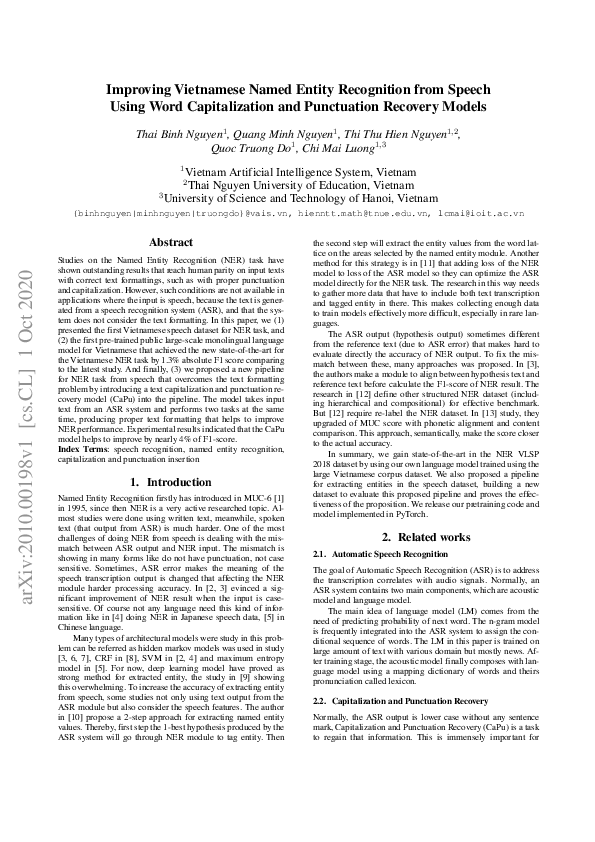 (PDF) Improving Vietnamese Named Entity Recognition from Speech Using ...
