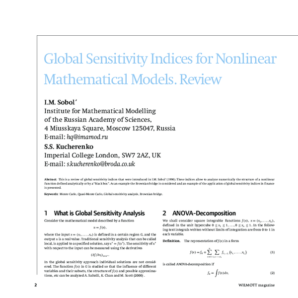 (PDF) Global sensitivity indices for nonlinear mathematical models. Review