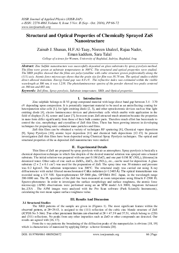 (PDF) Structural and Optical Properties of Chemically Sprayed ZnS ...