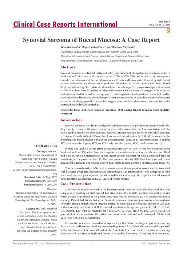 (PDF) Synovial Sarcoma of Buccal Mucosa: A Case Report