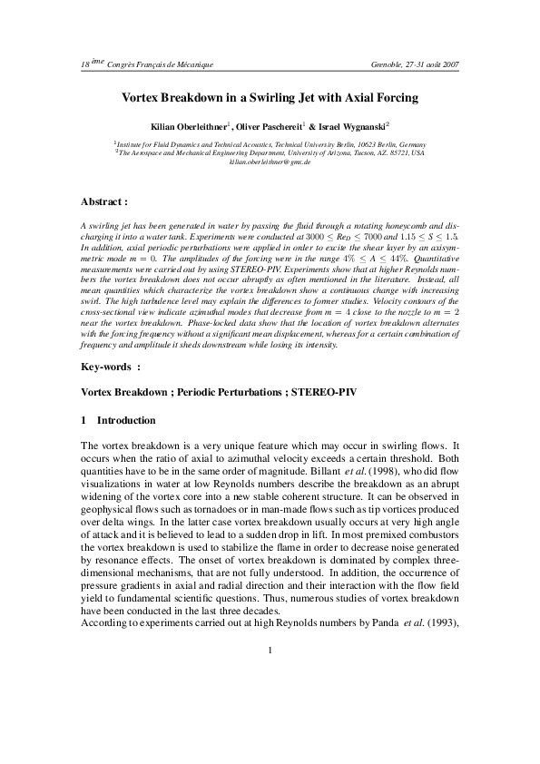(PDF) Vortex breakdown in a swirling jet with axial forcing