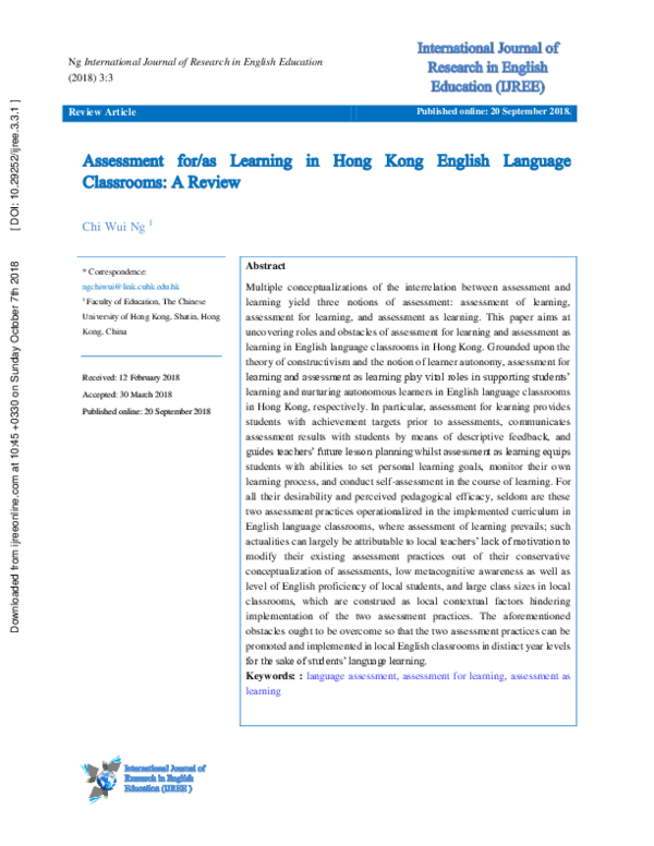 (PDF) Assessment for/as Learning in Hong Kong English Language ...