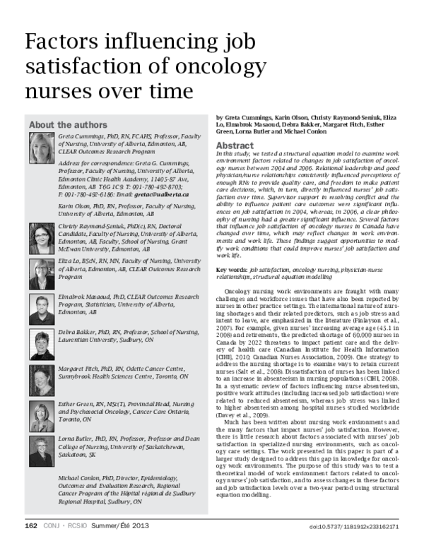 (PDF) Factors influencing job satisfaction of oncology nurses over time