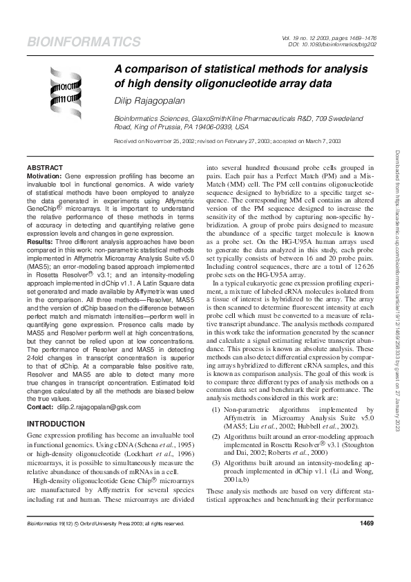 (PDF) A comparison of statistical methods for analysis of high density ...
