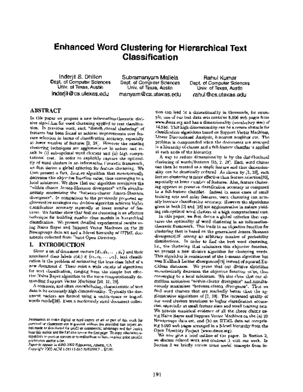 (PDF) Enhanced word clustering for hierarchical text classification