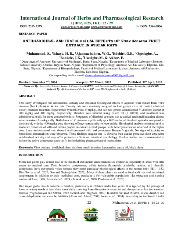 (PDF) ANTIDIARRHEAL AND HISTOLOGICAL EFFECTS OF Vitex doniana FRUIT ...